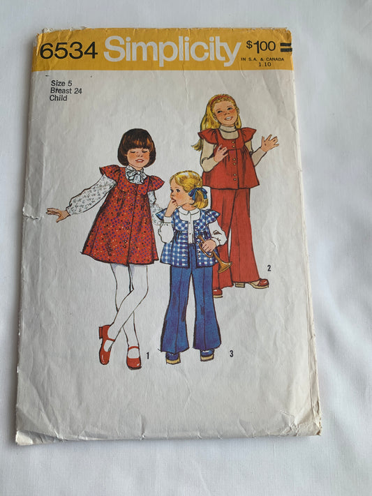 Simplicity Sewing Pattern 6534 Girls' Dress, Jumper, Top, Bell Bottom Pants, Elastic Waist, Short Sleeves, Size 5, Cut, Vintage 1974