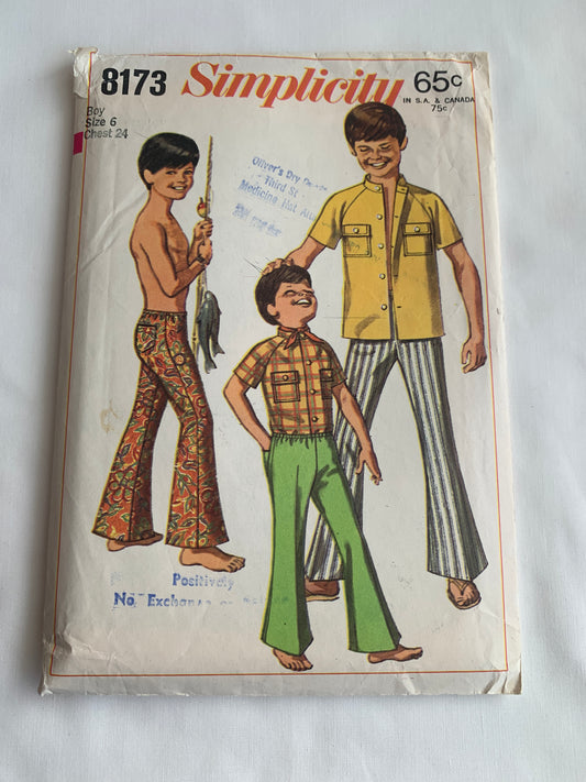 Simplicity Sewing Pattern 8173 Boys' Shirt, Bell-Bottom Pants, Short Sleeves, Pull-On, Pockets, Button Front, Pockets, Size 6, Cut, Vintage 1969