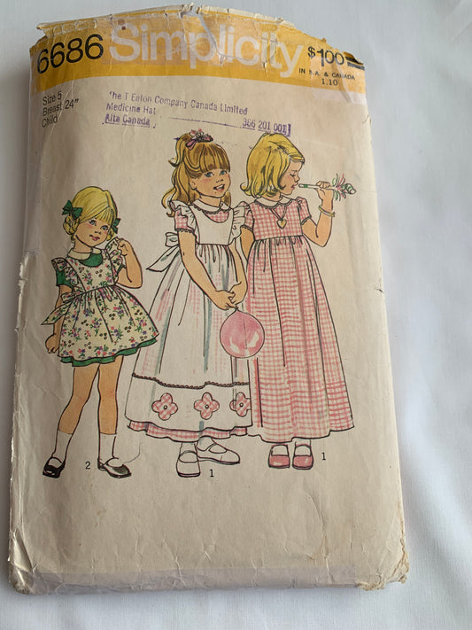 Simplicity Sewing Pattern 6686 Toddlers' Dress, Pinafore, Two Lengths, Tie Back, Button Back, Short Sleeves, Size 5, Cut, Vintage 1974