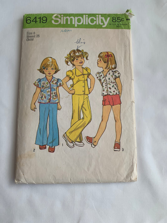 Simplicity Sewing Pattern 6419 Girls' Top, Shorts, Bell-Bottom Pants, Button Front, Short Sleeves, Tie Ends, Size 6, Cut, Vintage 1974