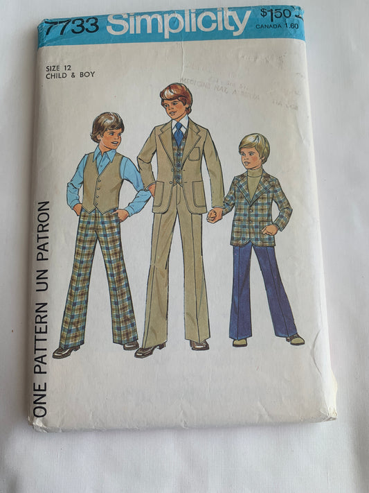 Simplicity Sewing Pattern 7733 Boys' Pants, Vest, Jacket, Zipper Fly, Pockets, Button Front, Suit, Size 12, Cut, Vintage 1976