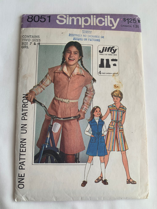 Simplicity Jiffy Sewing Pattern 8051 Girls' Pantdress, Tie Belt, Collar, Pockets, Size 7-8, Cut, Vintage 1977