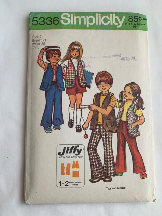 Simplicity Jiffy Sewing Pattern 5336 Girls'/Boys' Pull-On Pants/Shorts/Skirt, Bell-Bottoms, Elastic Waist, Pockets, Size 2, Cut, Vintage 1972