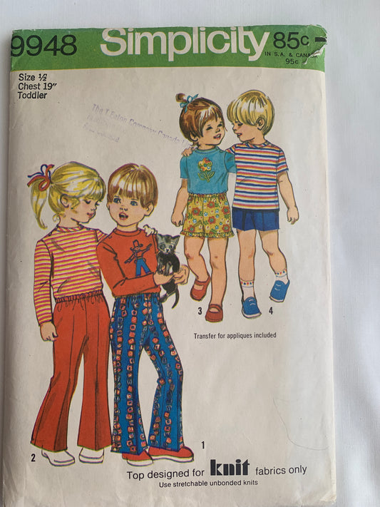 Simplicity Sewing Pattern 9948 Toddlers' Pants, Two Lengths, Top, Shirt, Pullover, Pull-On, Long/Short Sleeves, Size 1/2, Cut, Vintage 1971