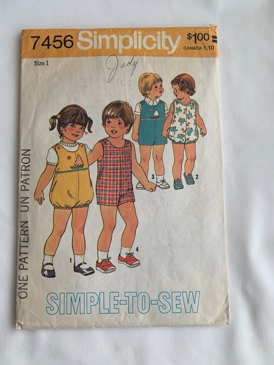 Simplicity Sewing Pattern 7456 Toddlers' Short Jumpsuit, Sleeveless, Size 1, Cut, Vintage 1976