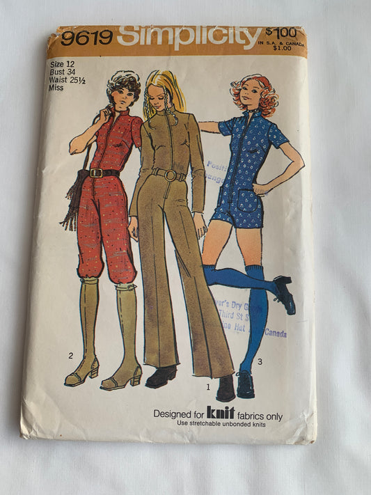 Simplicity Sewing Pattern 9619 Junior/Teens' Jumpsuit, Zipper Front, Long/Short Sleeves, 3 Lengths, Size 12, Cut, Vintage 1971
