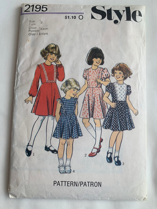 Style Sewing Pattern 2195 Girls' Dress, Zipper Back, Long/Short Sleeves, Princess Seams, Size 2, Cut, Vintage 1978
