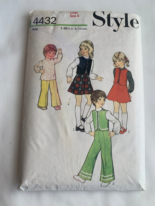 Style Sewing Pattern 4432 Girls' Skirt, Pants, Lined Bolero, Blouse, Sleeveless, Zipper Back, Elastic Waist, Size 5, Cut, Vintage 1973