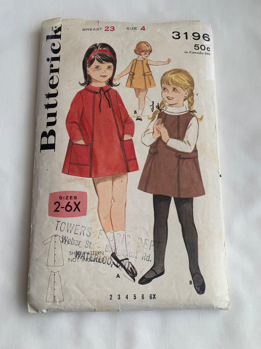 Butterick Sewing Pattern 3196 Girls' Dress, Jumper, Sleeveless, Pockets, Sleeveless, Size 4, Cut, Vintage 1964