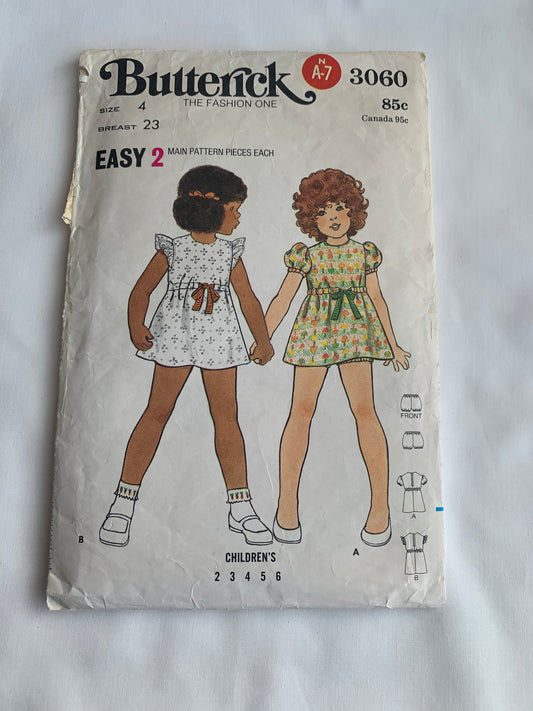 Butterick Sewing Pattern 3060 Girls' Dress, Bloomers, Panties, Semi-Fitted, Sleeveless, Short Puff Sleeves, Size 4, Cut, Vintage 1970