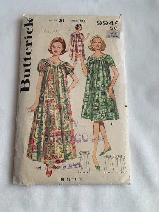 Butterick Sewing Pattern 9946 Misses' Dress, Muu Muu, Two Lengths, Loose-Fitting, Short Sleeves, Pullover, Size 10, Cut, Vintage 1960