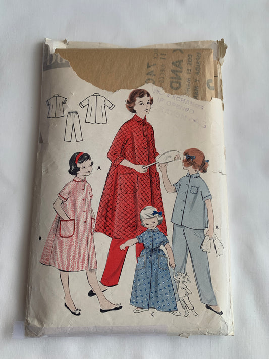Butterick Sewing Pattern 7407 Girls' Pajamas, Nightgown, Sleepwear, Robe, Top, Pants, Two Lengths, Long/Short Sleeves, Pockets, Size 8, Cut, Vintage 1950