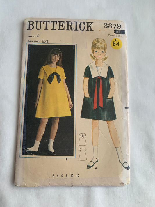 Butterick Sewing Pattern 3379 Girls' Dress, Sailor Detachable Collar, Short Sleeves, Pockets, Size 6, Cut, Vintage 1965