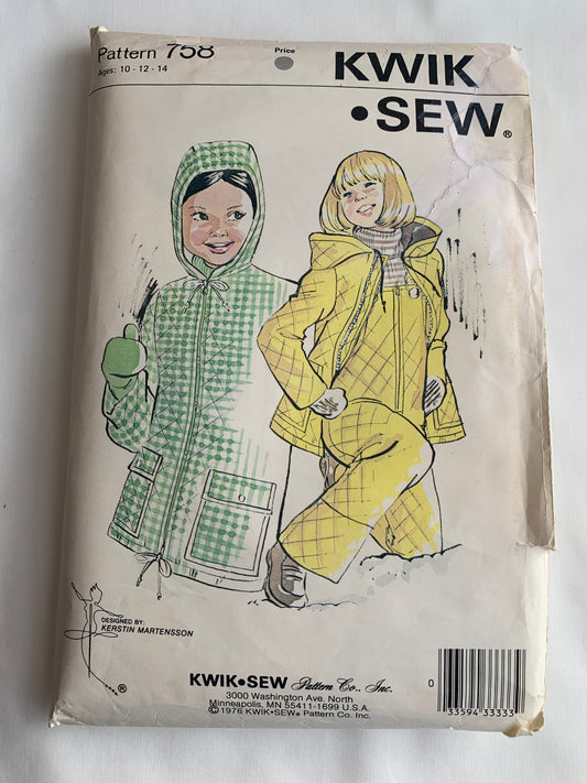 KWIK Sewing Pattern 758 Girls' Jacket, Overalls, Hood, Shoulder Straps, Zipper Front, Pockets, Cut, Size 10-14L, Vintage 1970