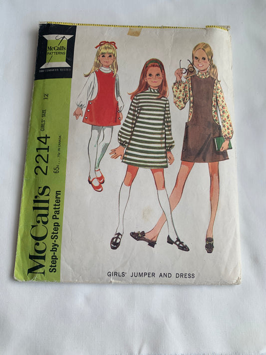 McCall's Sewing Pattern 2214 Girls' Jumper, Dress, A-Line, Zipper Back, Long Sleeves, Size 12, Cut, Vintage 1969