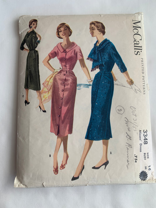 McCall's Sewing Pattern 3348 Misses' Dress, Long/Short Sleeves, Button Front, Pockets, Collar, Size 14, Cut, Vintage 1955