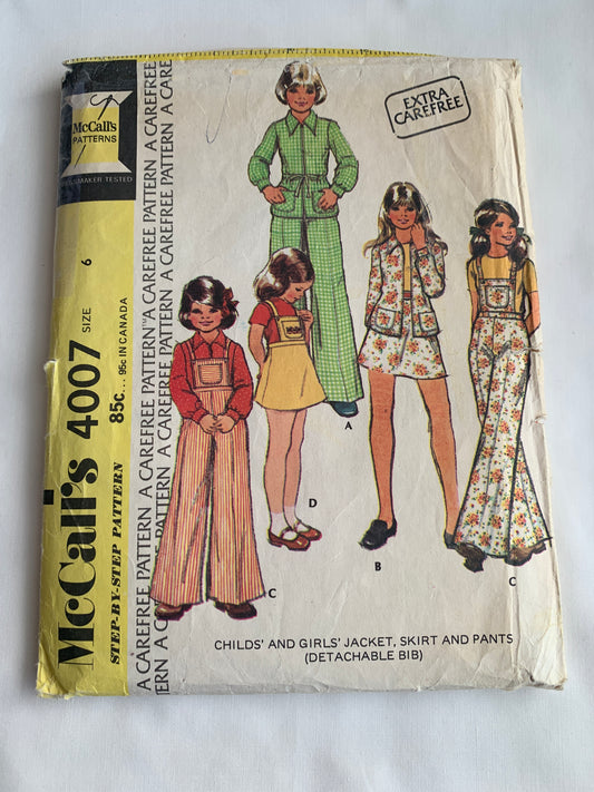 McCall's Sewing Pattern 4007 Girls' Jacket, Pants, Skirt, Detachable Bib, Pockets, Size 6, Cut, Vintage 1974