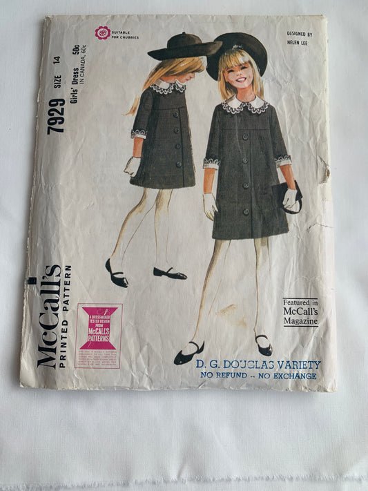 McCall's Sewing Pattern 7929 Girls' Dress, Zipper Back, Long Sleeves, Size 14, Cut, Vintage 1965
