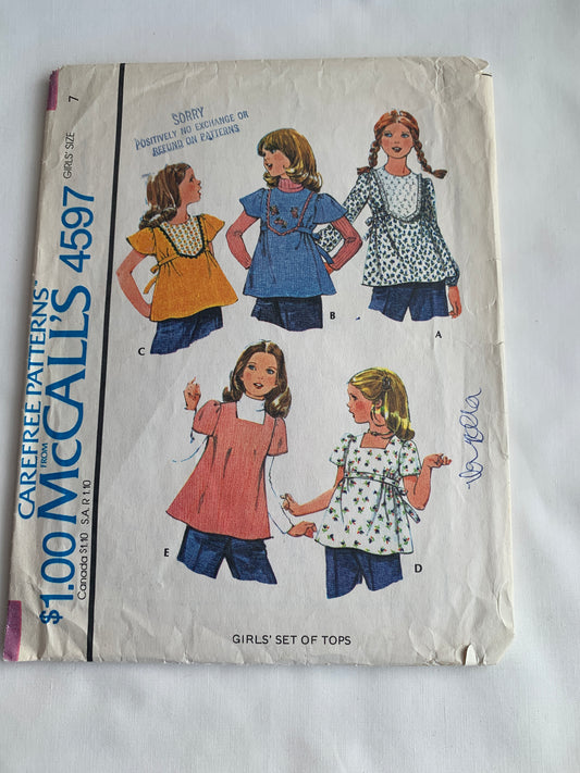 McCall's Sewing Pattern 4597 Girls' Top, Zipper Back, Flared Sleeves, Long/Short Sleeves, Tie Backs, Size 7, Cut, Vintage 1975