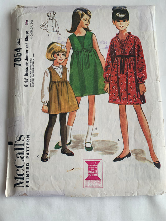 McCall's Sewing Pattern 7854 Girls' Dress, Jumper, Blouse, 3 Variations, Long/Short Sleeves, High Waisted, Sleeveless, Size 4, Cut, Vintage 1965