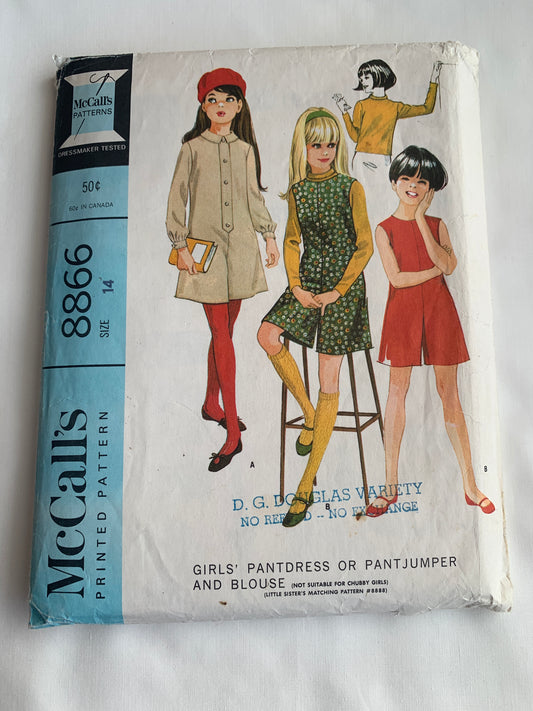 McCall's Sewing Pattern 8866 Girls' Pantdress, PantJumper, Blouse, 3 Variations, Long Sleeves, Sleeveless, Button Back, Size 14, Cut, Vintage 1967
