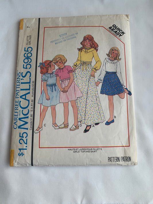 McCall's Sewing Pattern 5965 Girls' Top, Skirt, Pullover, Long/Short Raglan Sleeves, Tie Belt, Size 7, Cut, Vintage 1978