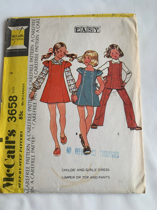 McCall's Sewing Pattern 3658 Girls' Jumper, Dress, Top, Pants, Short Sleeves, Zipper Back, Tie Belt, Elastic Waist, Size 6, Cut, Vintage 1973