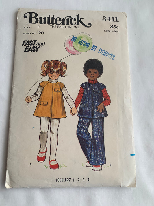 Butterick Sewing Pattern 3411 Toddlers' Jumper, Pants, Semi-Fitted, A-Line, Elastic Waist, Cap Sleeves, Size 1, Uncut, Vintage 1980