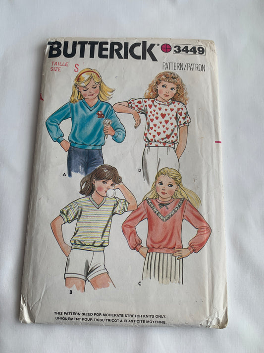 Butterick Sewing Pattern 3449 Girls' Top, Loose-Fitting, 4 Variations, Waistband, Dropped Shoulders, Long/Short Sleeves, Size 2, Cut, Vintage 1970