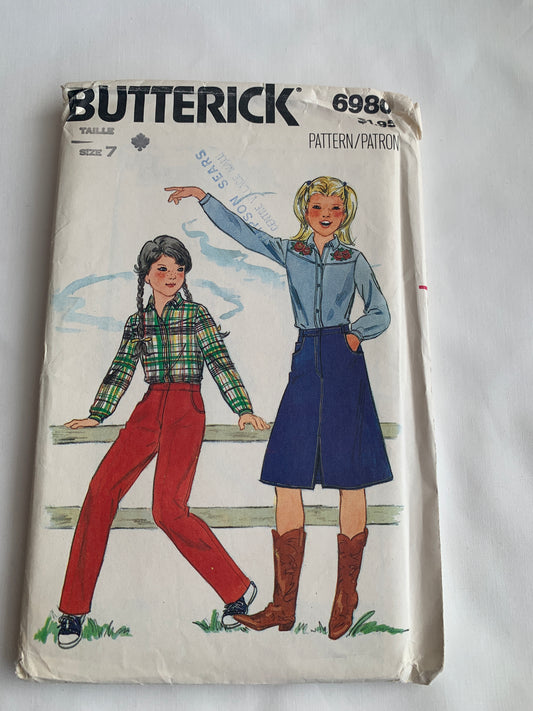 Butterick Sewing Pattern 6980 Girls' Shirt, Skirt, Pants, Semi-Fitting, Long Sleeves, Western, Zipper Front, Size 7, Uncut, Vintage 1980