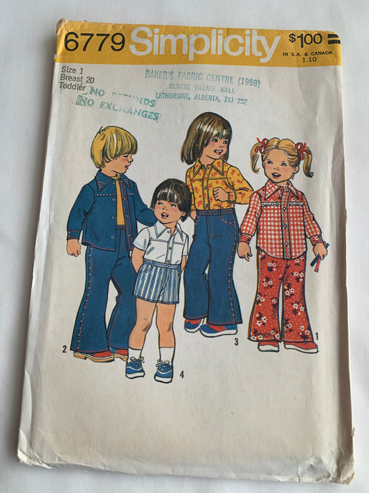 Simplicity Sewing Pattern 6779 Toddlers' Shirt, Bell-Bottom Pants, Shorts, Two Lengths, Long/Short Sleeves, Snap Front, Size 1, Uncut, Vintage 1974