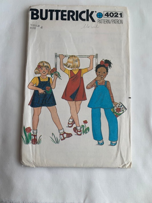 Butterick Sewing Pattern 4021 Girls' Jumper, Reversible, Pants, Panties, Bib, Pockets, Size 4, Uncut, Vintage 1980