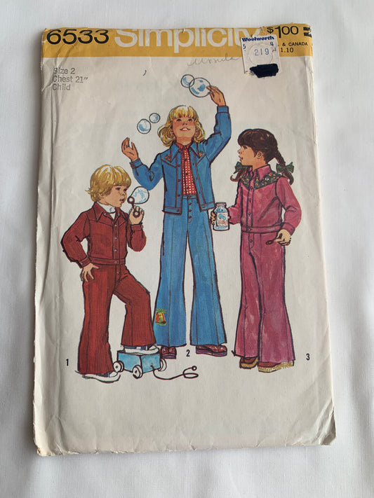 Simplicity Sewing Pattern 6533 Child's/Boys'/Girls' Unlined Jacket, Bell-Bottom Pants, Front Snaps, Collar, Elastic Waist, Size 2, Cut, Vintage 1974