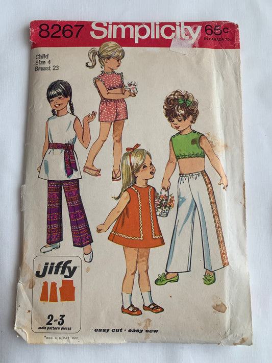 Simplicity Jiffy Sewing Pattern 8267 Girls' Dress, Top, Pants, Sash, Sleeveless, Elastic Waist, Two Lengths, Size 4, Uncut, Vintage 1969