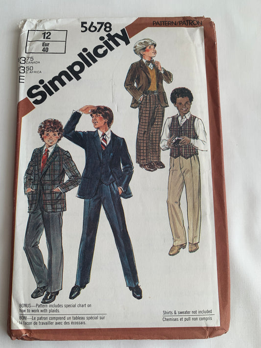 Simplicity Sewing Pattern 5678 Boys' Lined Jacket, Pants, Lined Vest, Fly Zipper, Pockets, Long Sleeves, Size 12, Uncut, Vintage 1982