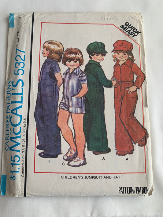 McCall's Sewing Pattern 5327 Children's Jumpsuit, Hat, Zipper Front, Pockets, Long/Short Sleeves, Collar, Size 3, Uncut, Vintage 1976
