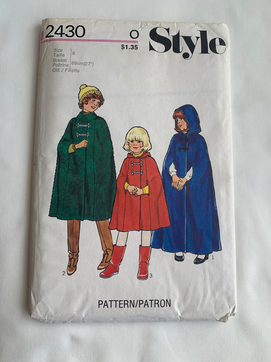 Style Sewing Pattern 2430 Girls' Unlined Cape, 3 Lengths, Hood, Toggle Closure, Size 8, Uncut, Vintage 1978