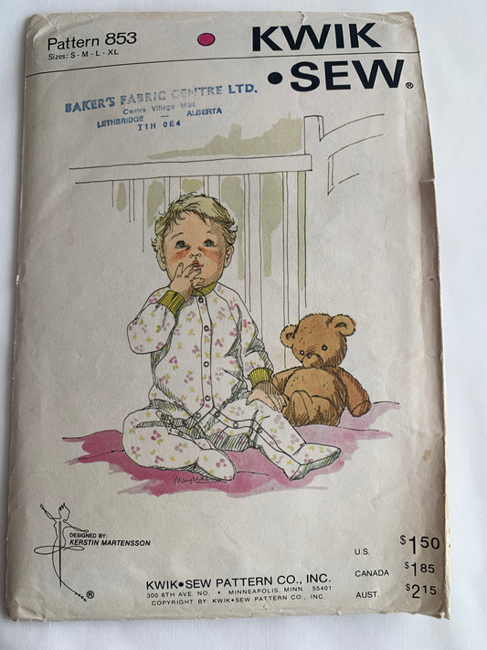 KWIK Sewing Pattern 853 Baby/Infants Sleeper, Jumpsuit, Snap Front, One Piece, Long Sleeves, Size 0-12 Months, Uncut, Vintage 1998
