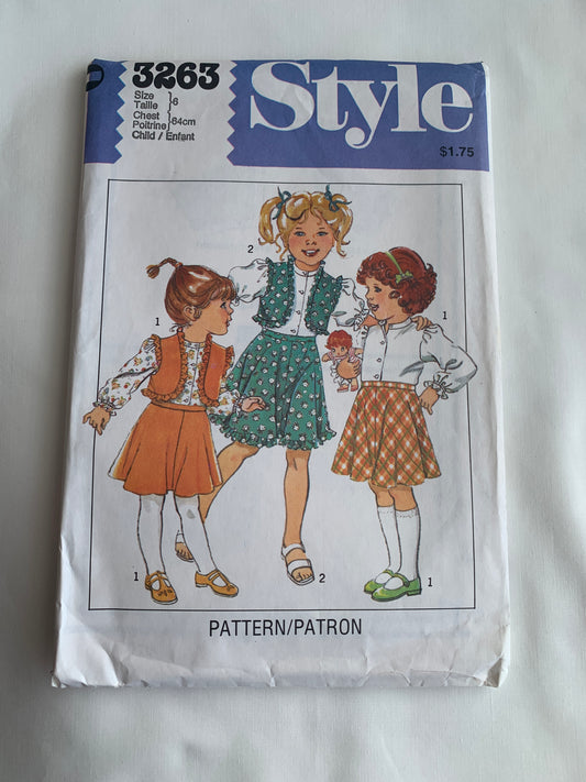 Style Sewing Pattern 3263 Girls' Waistcoat, Blouse, Skirt, Frills, Button Front, Collar, Zipper Back, Size 6, Uncut, Vintage 1981