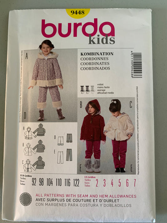 Burda Sewing Pattern 4220 Girls' Coat, Jacket, Pants, Zipper Front, Pockets, Hood, Size 6-12, Uncut, 2000