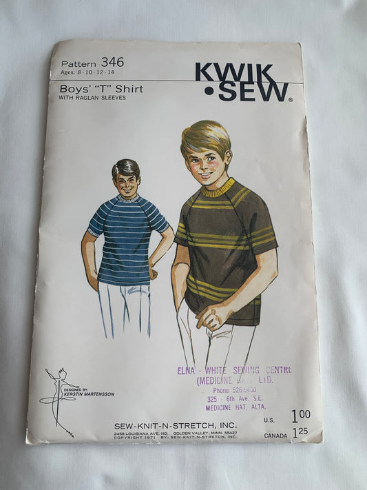 KWIK Sewing Pattern 346 Boys' T Shirt, Raglan Sleeves, Knit, Uncut, Size 8-14, Vintage 1980