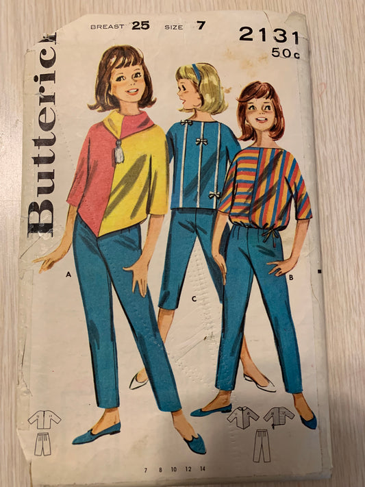 Butterick Sewing Pattern 2131 Girls' Top, Pants, Capris, Zipper Back, Long Sleeves, Cowl Collar, Size 7 Cut, Vintage 1960