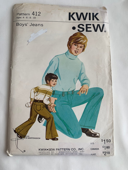 KWIK Sewing Pattern 412 Boys' Pants, Jeans, Size 4-10, Uncut, Vintage 1970