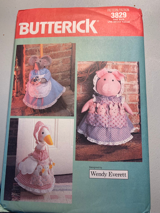 Butterick Sewing Pattern 3829 Crafts, Goose Or Pig Doorstop, Mouse Broom Cover,Bonnet, Apron, Dress, Pants, Uncut, Vintage 1987