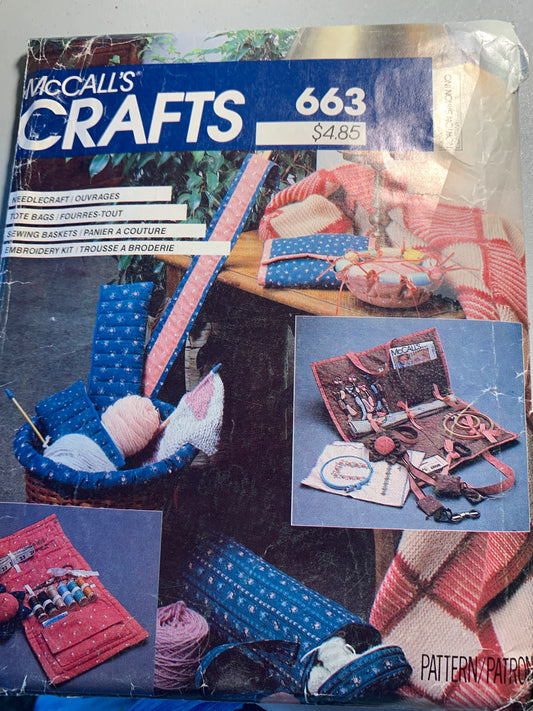McCall's Sewing Pattern 663 Needlecraft Accessories, Basket Liner, Chatelaine, Needle Bag, Knit, Crochet, Caddy, Sewing Case, Pin Cushion,cTote Bag, Uncut, Vintage 1982
