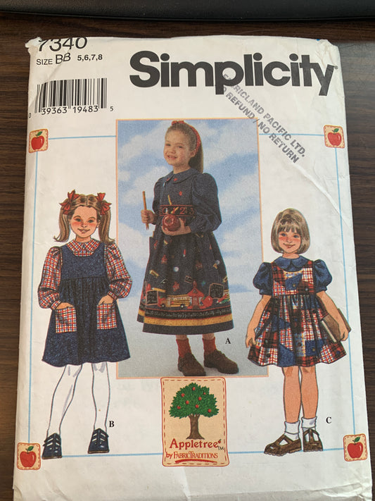 Simplicity Sewing Pattern 7340 Girls' Dress, Jumper, Blouse, Long/Short Sleeves, Pockets Size 5-8, Cut, Vintage 1996