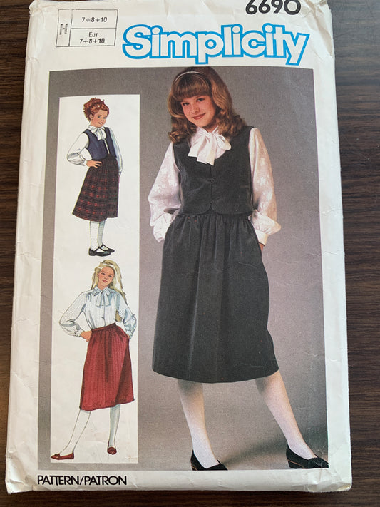 Simplicity Sewing Pattern 6690 Girls' Skirt, Blouse, Lined Vest, Long Sleeves, Button Front, Size 7-10, Cut, Vintage 1984