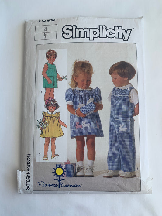 Simplicity Sewing Pattern 7353 Toddlers' Dress, Appliques MIssing, Overalls, Two Lengths, Zipper Back, Peter Pan Collar, Snap Crotch, Size 3, Cut, Vintage 1986