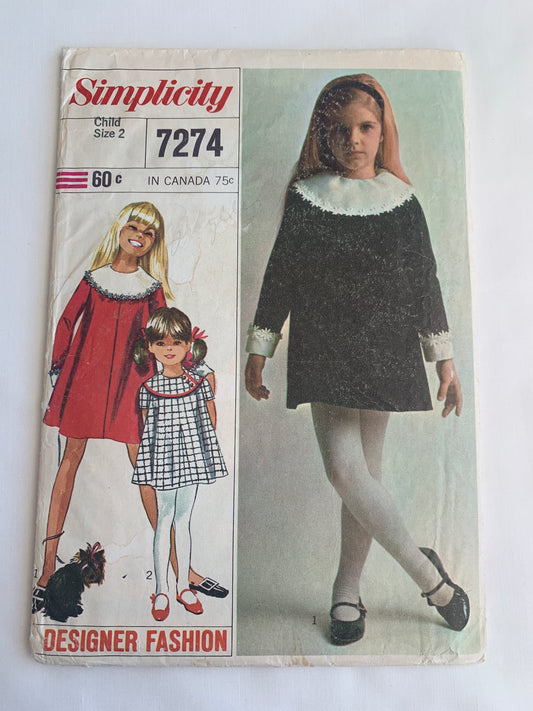 Simplicity Sewing Pattern 7274 Child's/Girls' Dress, Detachable Collar/Cuffs, Long/Short Sleeves, Zipper Back, Size 2, Cut, Vintage 1967