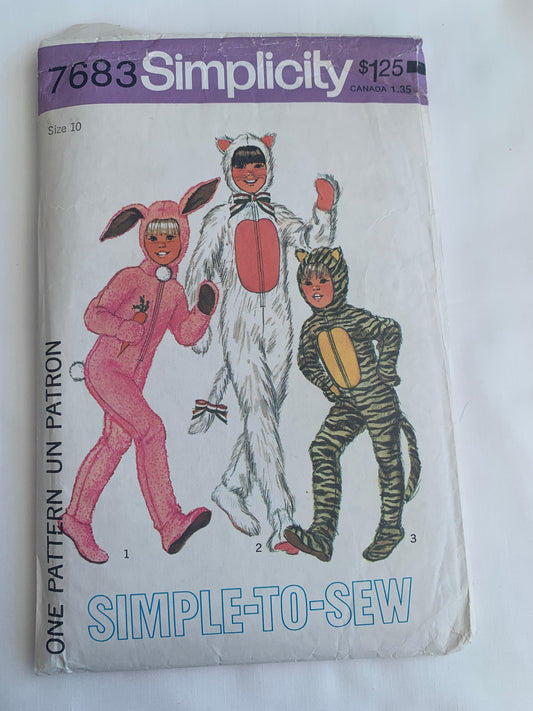 Simplicity Sewing Pattern 7683 Boys'/Girls' Rabbit, Tiger, Animal Costumes, Halloween, Dress-up, Jumpsuits, Detachable Head, Size 10, Cut, Vintage 1976
